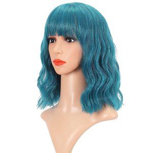 Blue Synthetic Curly Wavy Short Bob Wig With Bangs Shoulder Length Wig For Women